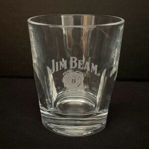 Jim Beam Low Ball Whiskey Glass Clear Etched Indented Sides 8 oz Barware